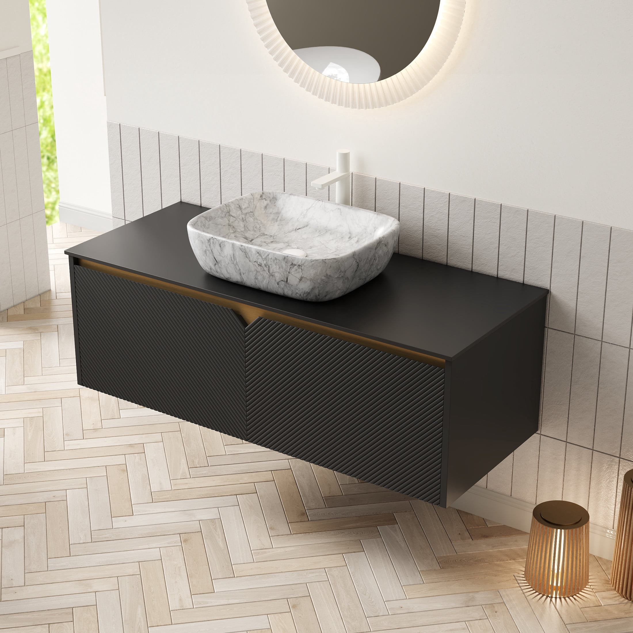 Noble House RUBEN 48" Floating Bathroom Vanity, Sintered Stone Top Cabinet with Gray Stone Ceramic Vessel Sink, Black