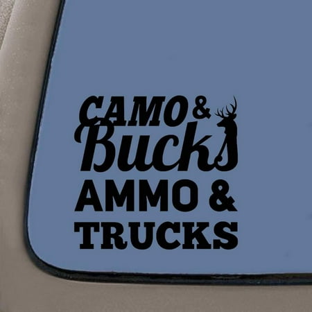 Camo & Bucks Ammo & Trucks Decal | 5.8-Inches Wide | Black Vinyl Decal | Car Truck Van SUV Laptop Macbook Wall (Best Bang For Your Buck Car)