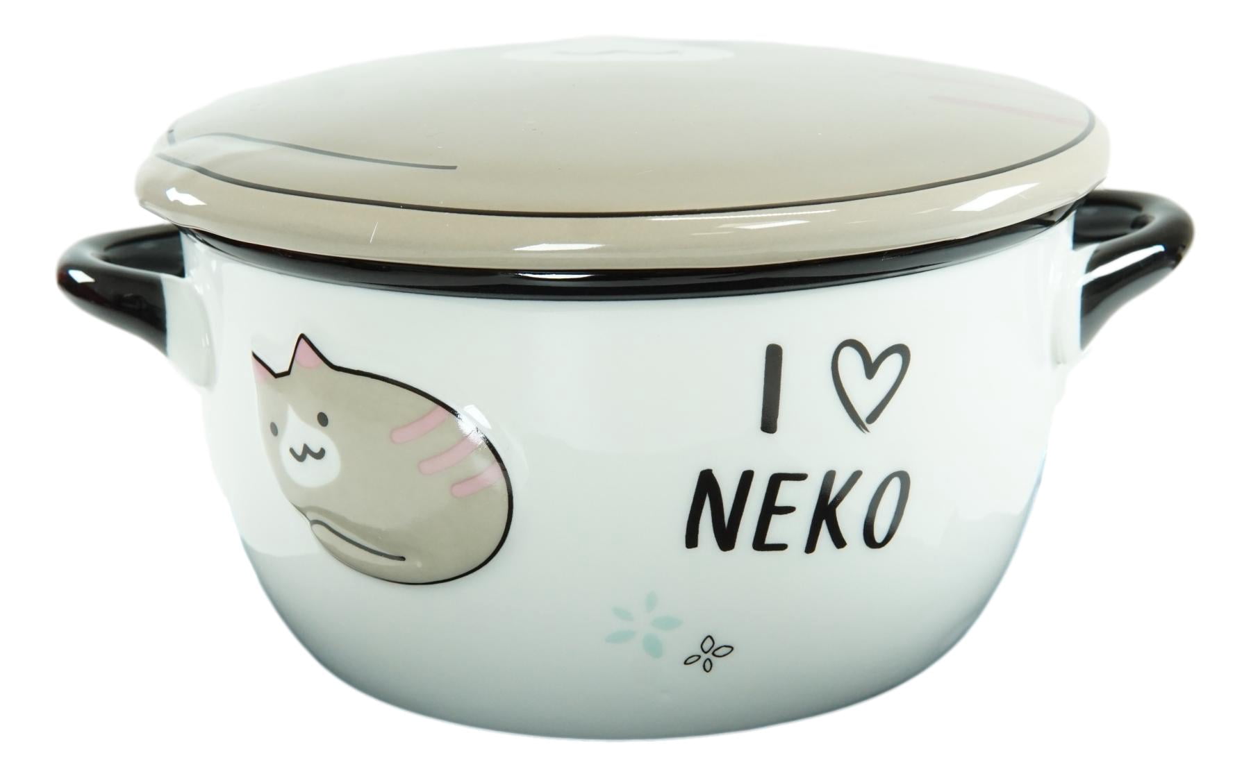 Pack Of 2 Brown Maneki Neko Lucky Cat Porcelain Kids Food Bowls W/ Lid 25Oz