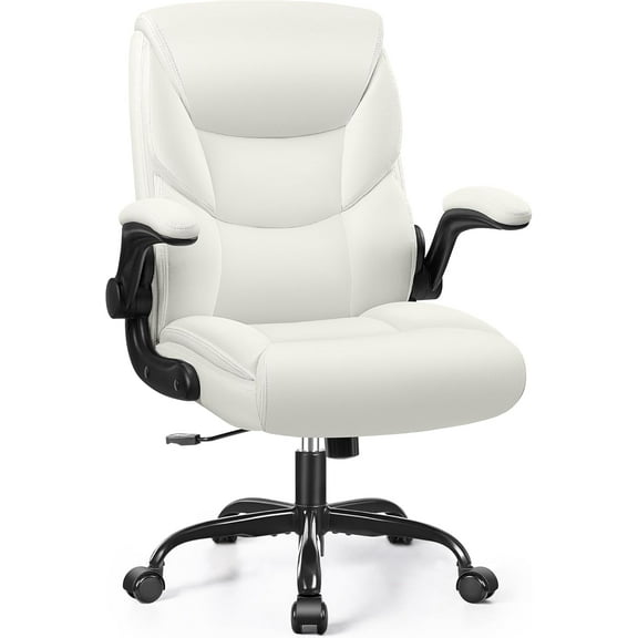 FelixKing Leather Office Chair, Small PU Ergonomic Desk Chair, Comfy Computer Chair with Wheels and Flip-up Armrests, Adjustable Height Mid Back Executive Office Chair for Short People-White