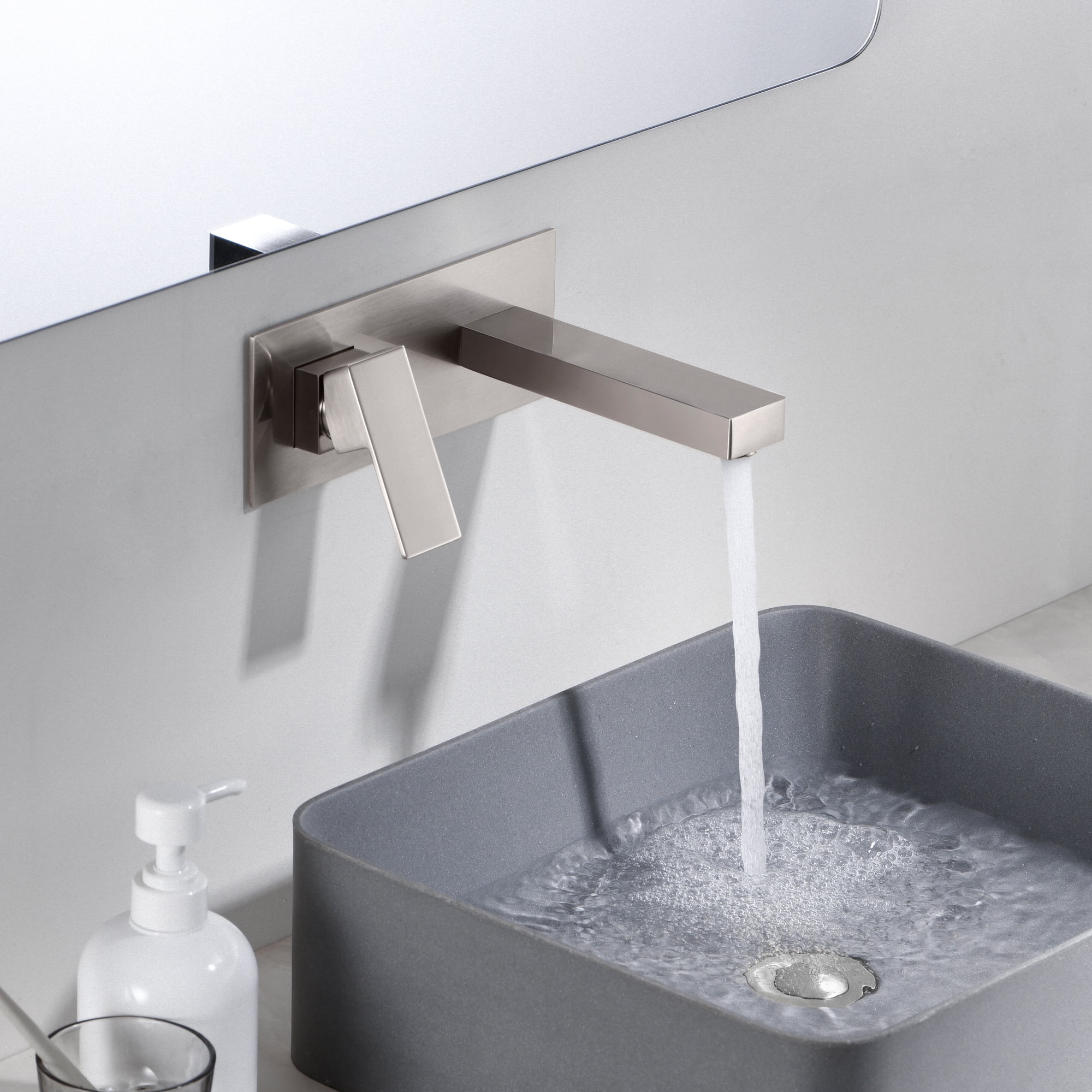 Sumerain Brushed Nickel Bathroom Faucet Wall Mount Lavatory Sink Faucet with Rough-in Valve, Left-Handed Single Handle