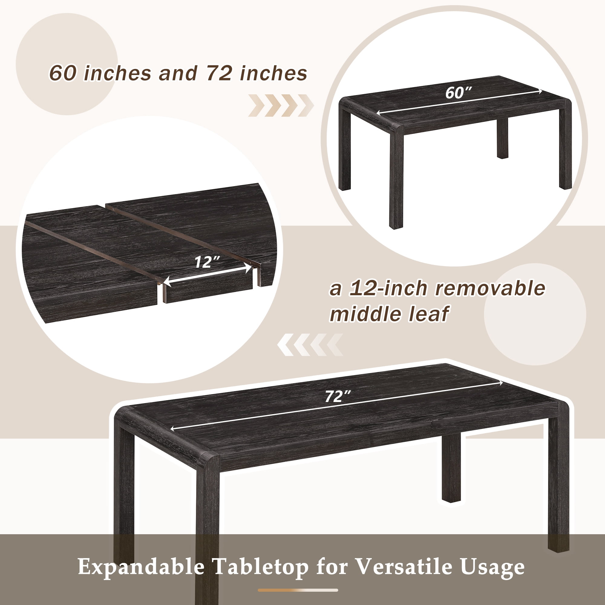 Euroco 6 Piece Extendable Dining Table Set for 4-6, Retro Kitchen Table Set with Curved Design and 4 Upholstered Chairs, Dining Furniture Set for Kitchen Living Room,Espresso