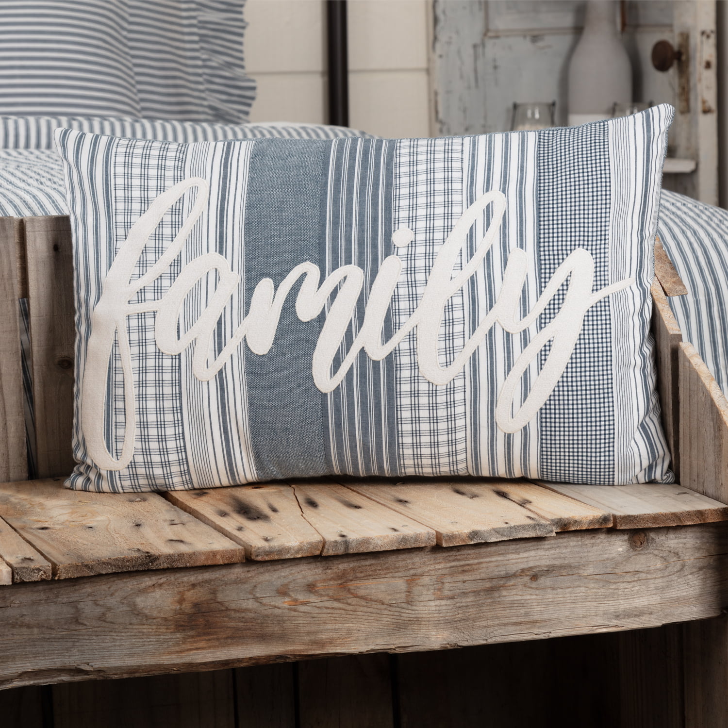 VHC Brands Farmhouse Bedding Miller Farm Charcoal Cotton Stenciled Chambray Text Rectangle Cover Insert Pillow Blue Denim 