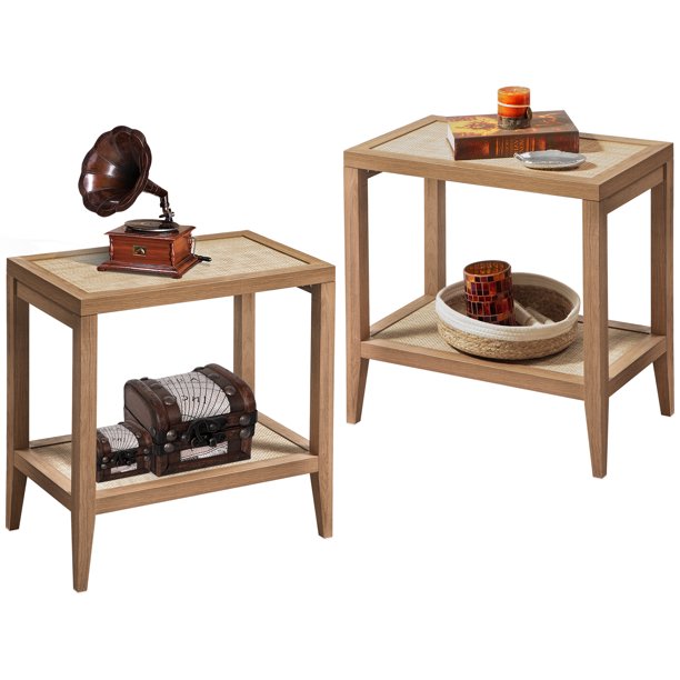 SICOTAS Rattan End Table Set of 2, Nightstands Bedside Table with Open Storage Shelf for Living