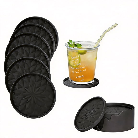 6-Pack Silicone Coasters with Holder - Thickened Non-Slip Drink Coasters for Hot or Cold Drinks - Deep Tray Design to Catch Drips - Waterproof & Non-Stick Cup Mats - Black
