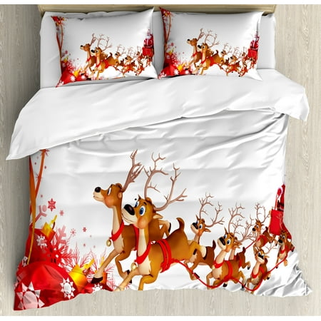 M And S Christmas Bedding Santa Duvet Cover Set, Abstract Frame with Xmas Balls and Snowflakes Flying Reindeer Carriage, Decorative Bedding Set with Pillow Shams, Pale Brown Red White, by Ambesonne ()