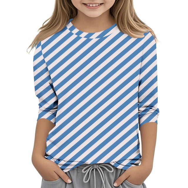 MeetoTime T-Shirt à Manches 3/4 Rayé Imprimé Col Rond Blouses Décontractées Amples pour Garçons Filles 3-12 Ans