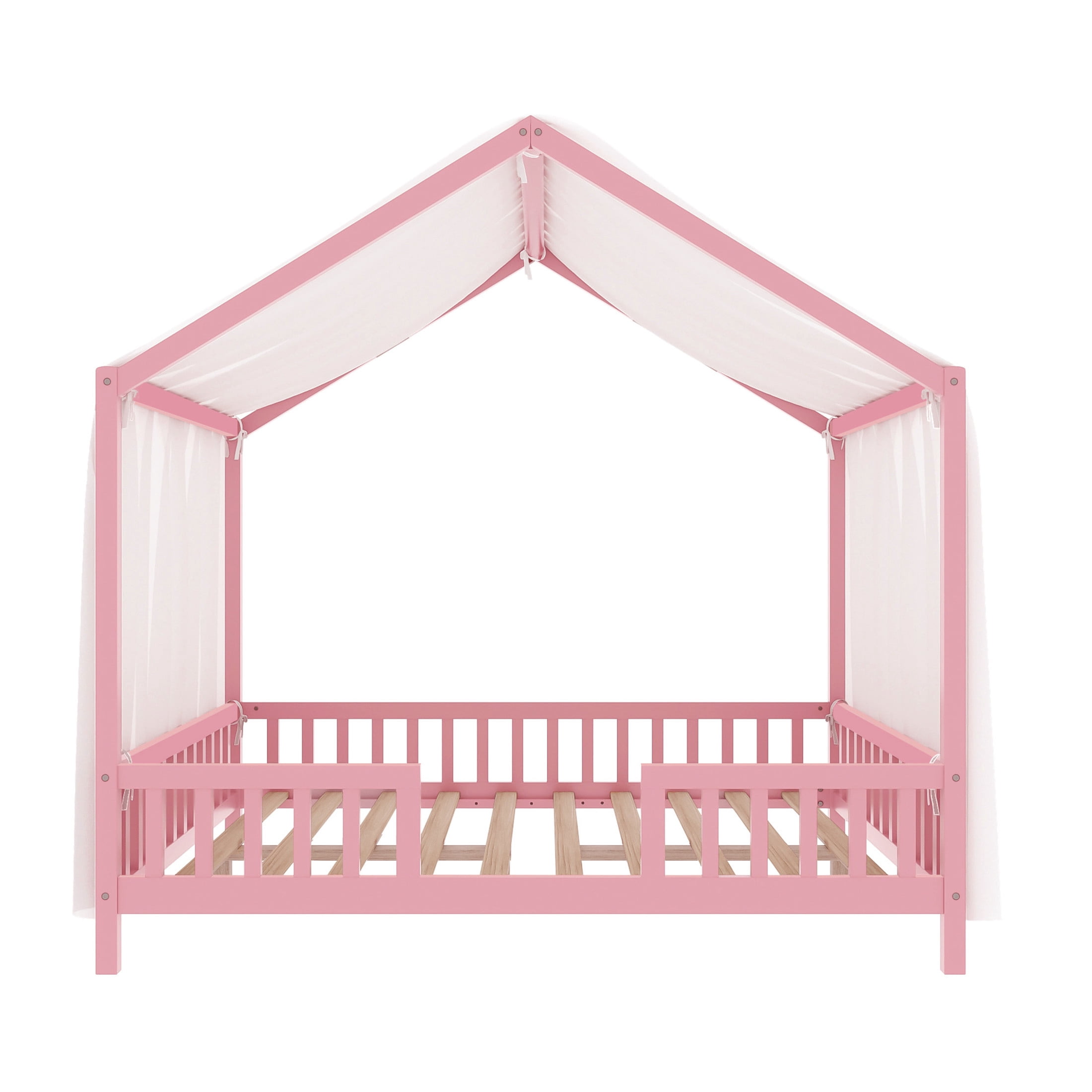Noble House Full Floor Bed with Canopy and Guardrails, Wood House Bed Frame for Kids, Pink
