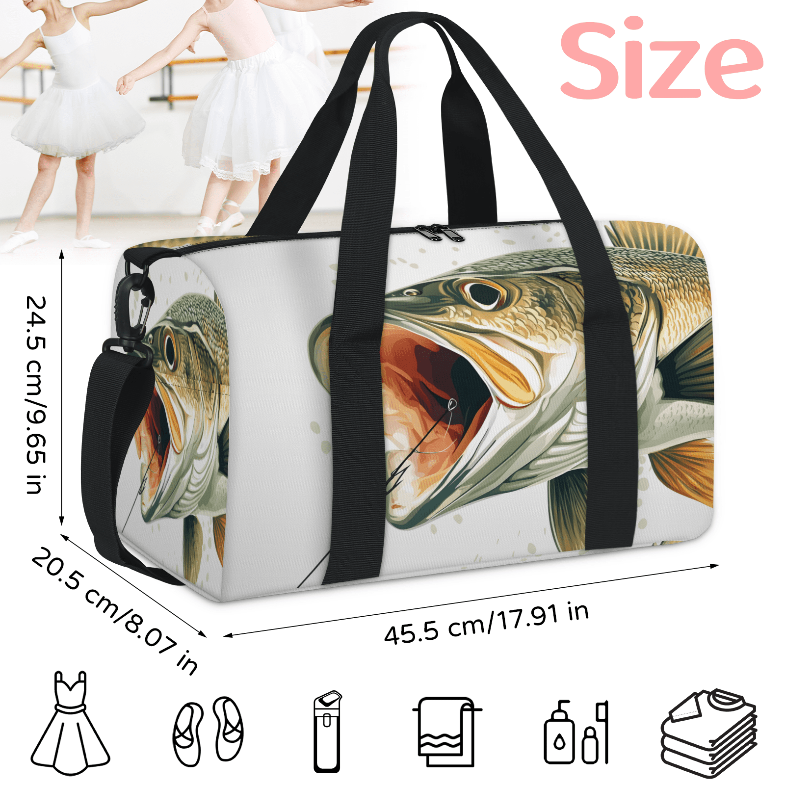 Herdesigns Fish Gym Bag for Women, Funny Fishes Duffle Bag for Travel Sport, Lightweight Waterproof Carry on Weekender Overnight Dance Yoga Workout Bags