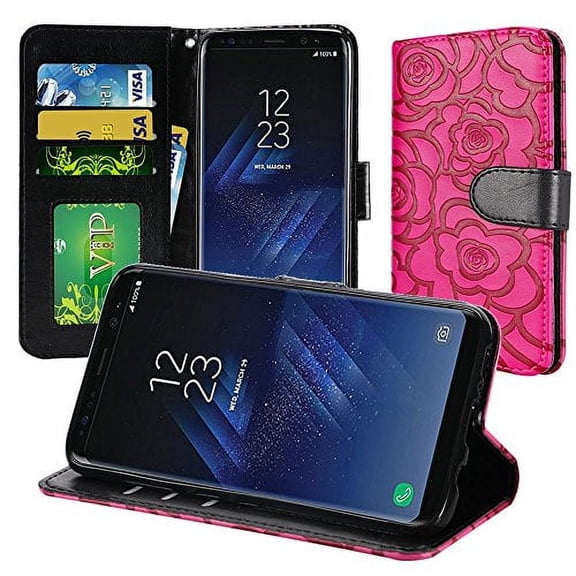 GSA Folio Rose Textured Leather Wallet Case For Samsung Galaxy S8 Plus - Hot Pink/Black