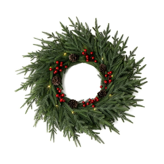 24" Christmas Wreath - Christmas Wreaths for Front Door - Christmas Decorations - Pine Wreath for Home Indoor Outdoor Wall Window Porch Farmhouse Reef Garland Wreath - Free LED String Lights