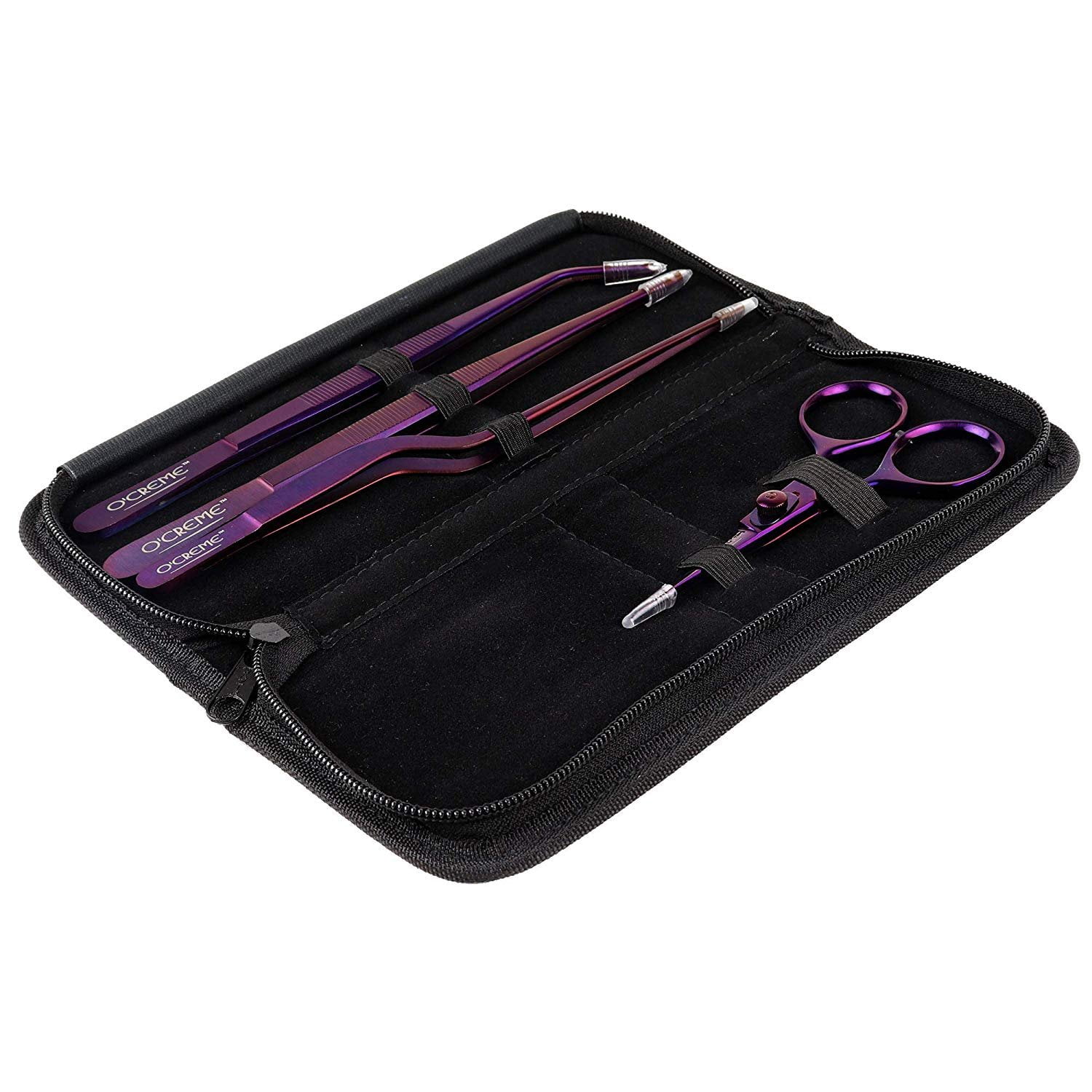 O'Creme Set of Culinary Tweezer Tongs 8 Inch Straight, 8 Inch Offset and 8 Inch Curved, Plus Super Sharp Chef Scissors, Total 4 Pieces Purple