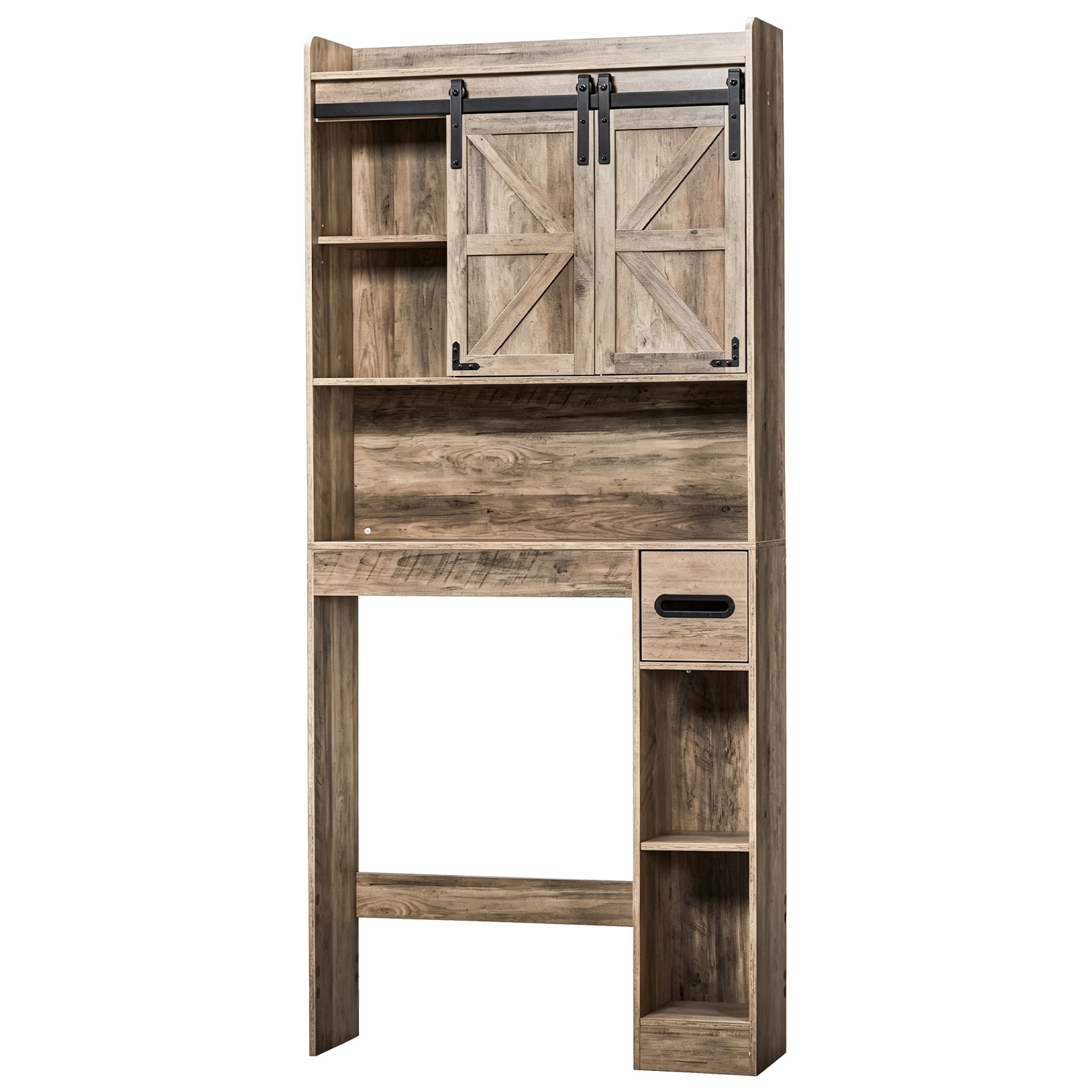 Toilet Cabinet, 2 Doors and Contain, 2-Tiered Bathroom cabinet with Side Storage Rack and Tissue Box Barn door style MDF Melamine-Faced Bathroom Vanity, 31.5*8.66*69.69in