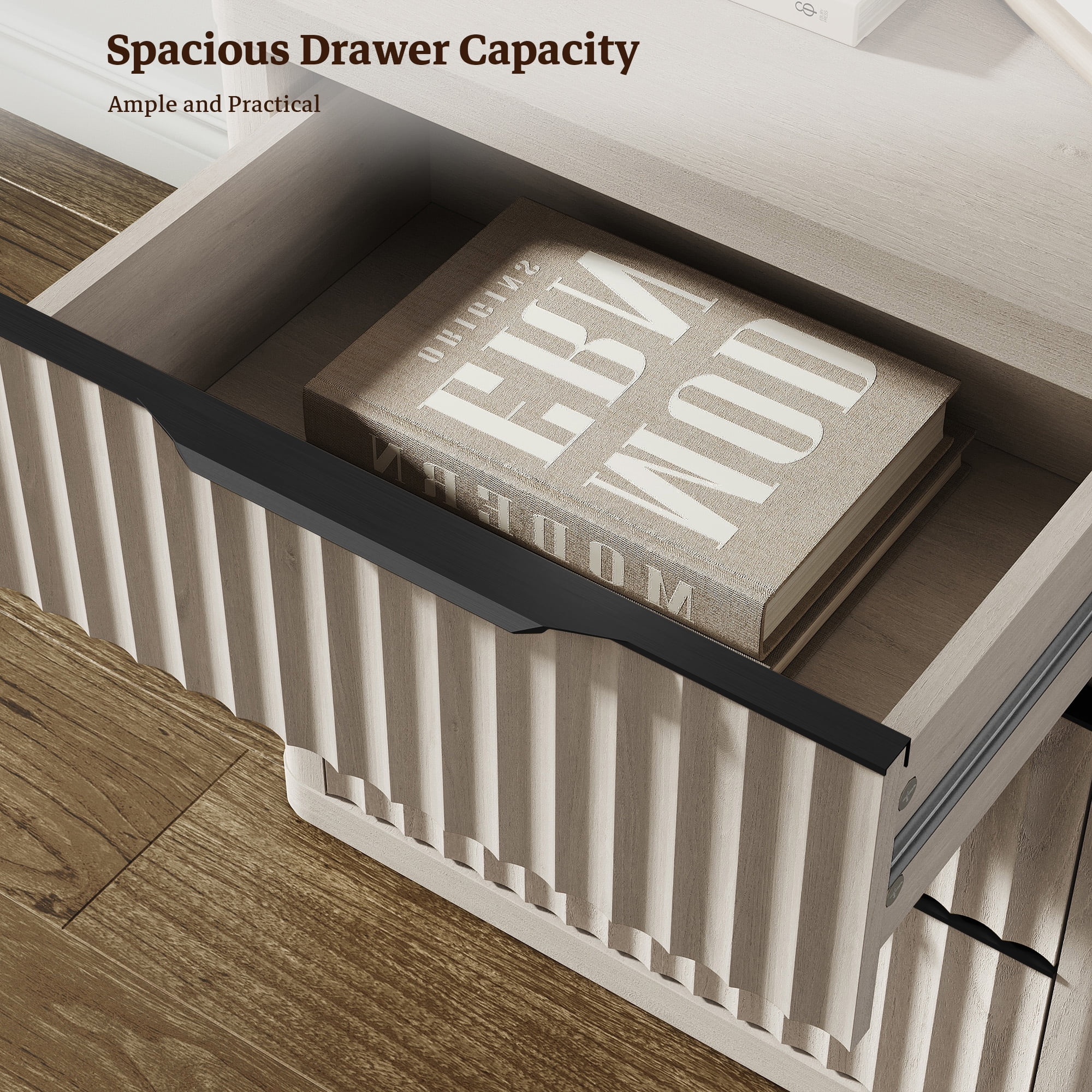 SICOTAS 23”W Farmhouse Nightstands with 3 Fluted Drawers & Black Handles, Wood Bedside Table for Bedroom, End Table for Living Room in Light Grey Alder