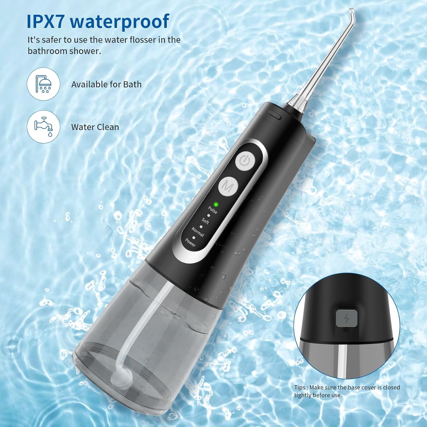 Oral Irrigator Cordless Rechargeable, 300ml Water Tank, 4 Modes (Soft/Normal/Pulse/Tongue Cleaner), IPX7 Waterproof Portable Water Flosser for Travel