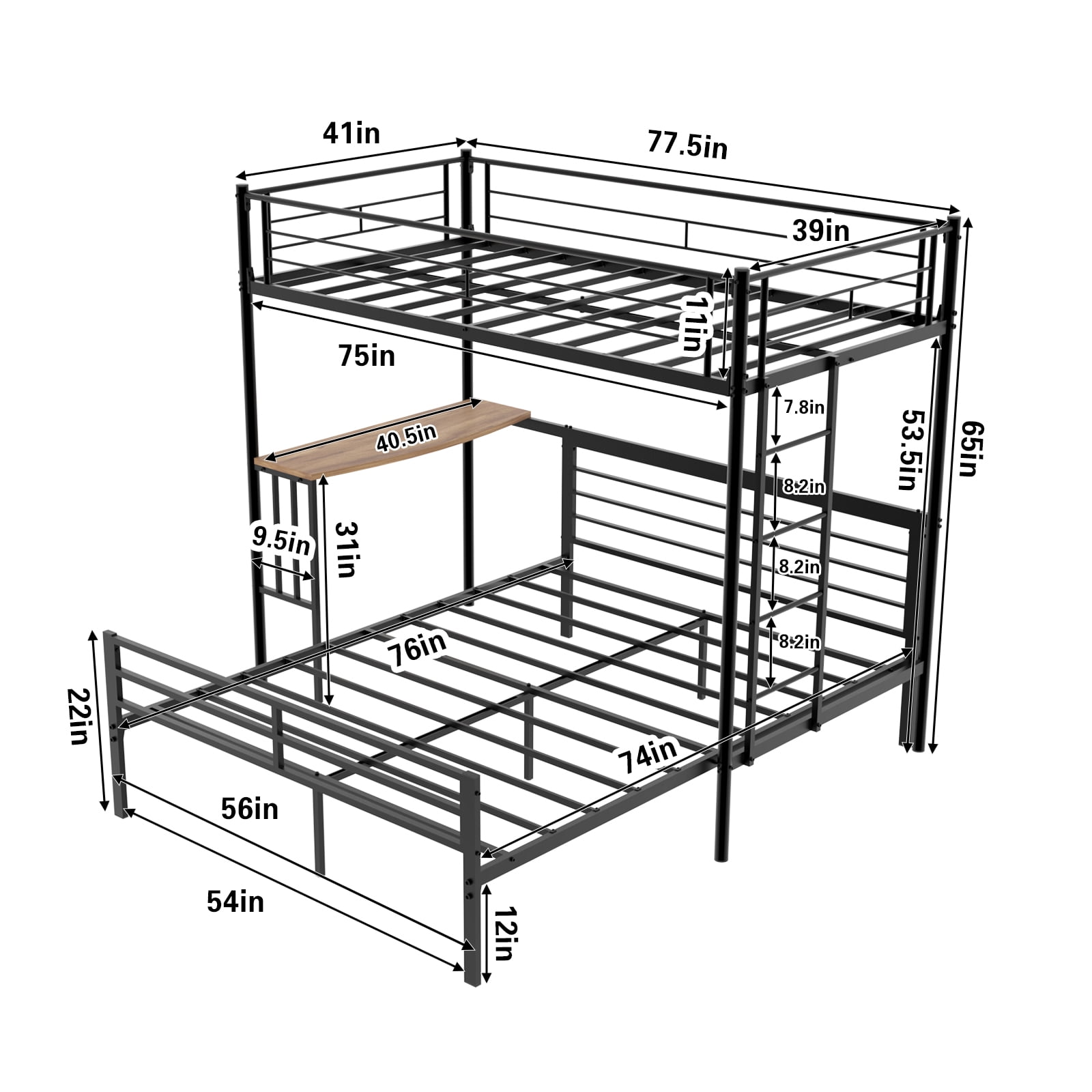 Mintazer Twin Over Full Metal Bunk Bed with Desk, Bunk Bed Frame with Guardrails and Ladder for Bedroom Dorm Apartment, Black