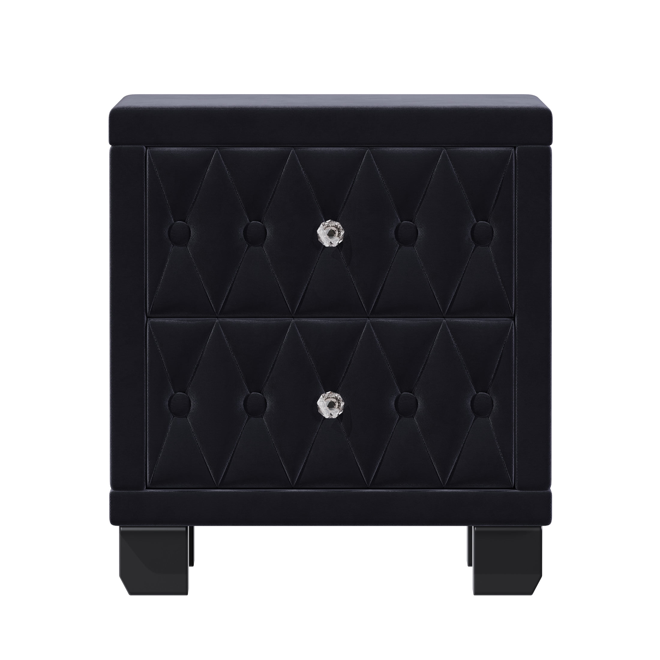 GDF Studio Alley Elegant Velvet 2-Drawer Nightstand with Crystal Handles, Button-Tufted Storage Bedside Table, Black