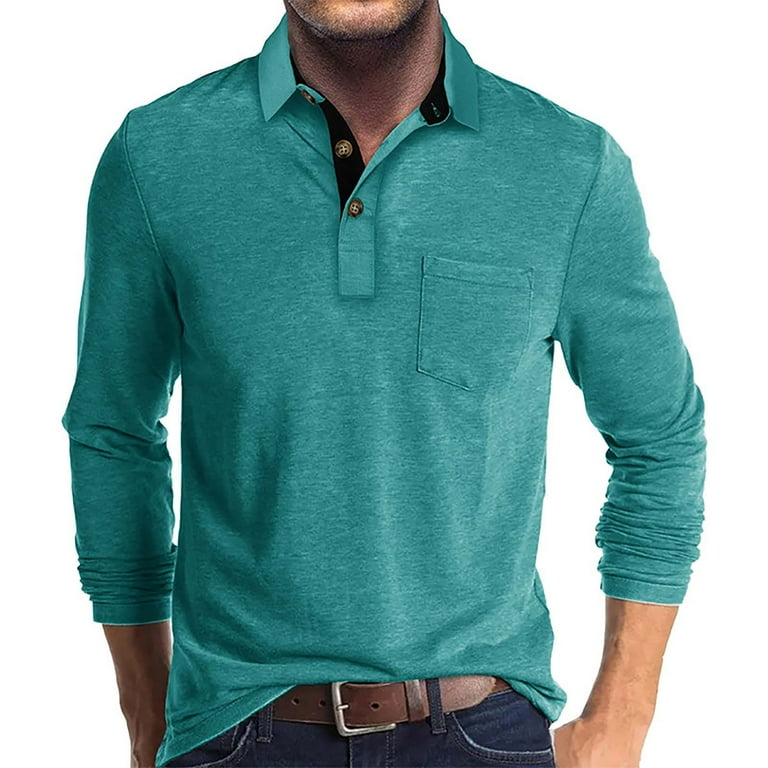 Ccrftgi Mens Long Sleeve Polo Shirts Casual Lapel Collared Shirt Dress Basic Pullover Tops Stylish Button Up T-Shirt with Pocket Turquoise 2XL, Men's,