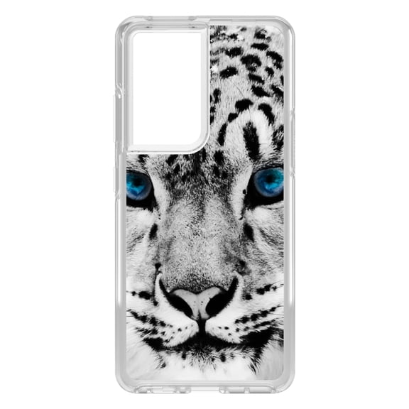 DistinctInk Clear Shockproof Hybrid Case for Galaxy S21 ULTRA 5G (6.8" Screen) - TPU Bumper, Acrylic Back, Tempered Glass Screen Protector - Snow Leopard Blue Eyes - Animal Print