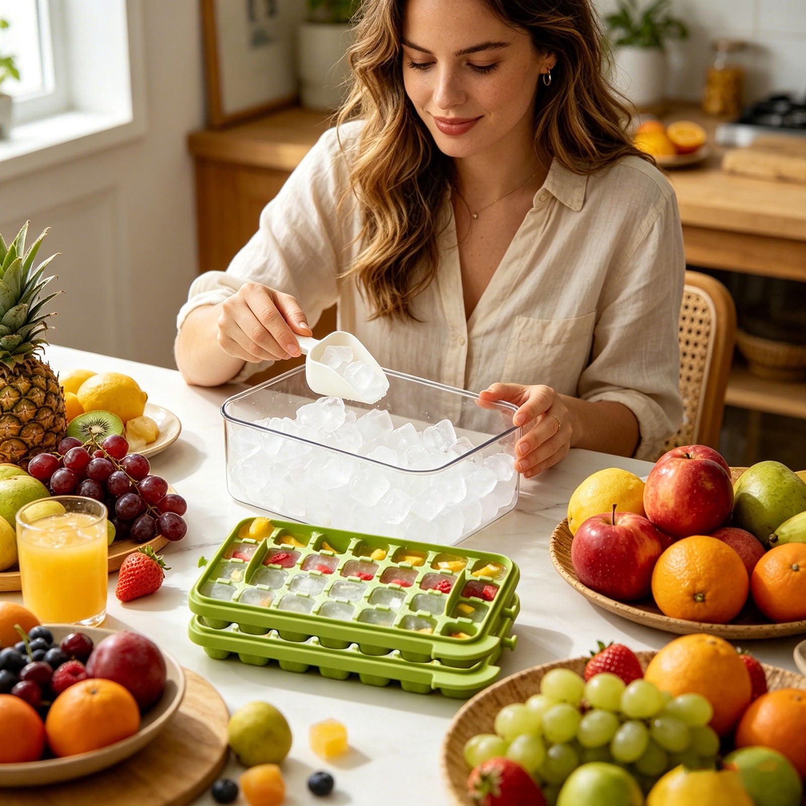 Ice Cube Tray with Lid & Bin 56 Cubes, Stackable Ice Trays for Freezer with Easy Release Silicone Bottom, for Drinks Coffee