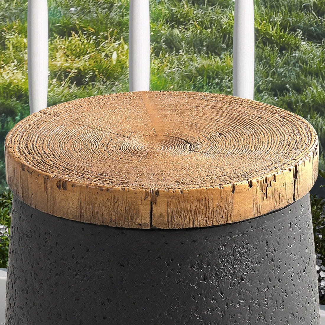 VENTOPYR 2 PCS Concrete Outdoor Side Table with Wood Grain Top,Small Jar Shaped Round Accent End Table for Patio, Garden,Black
