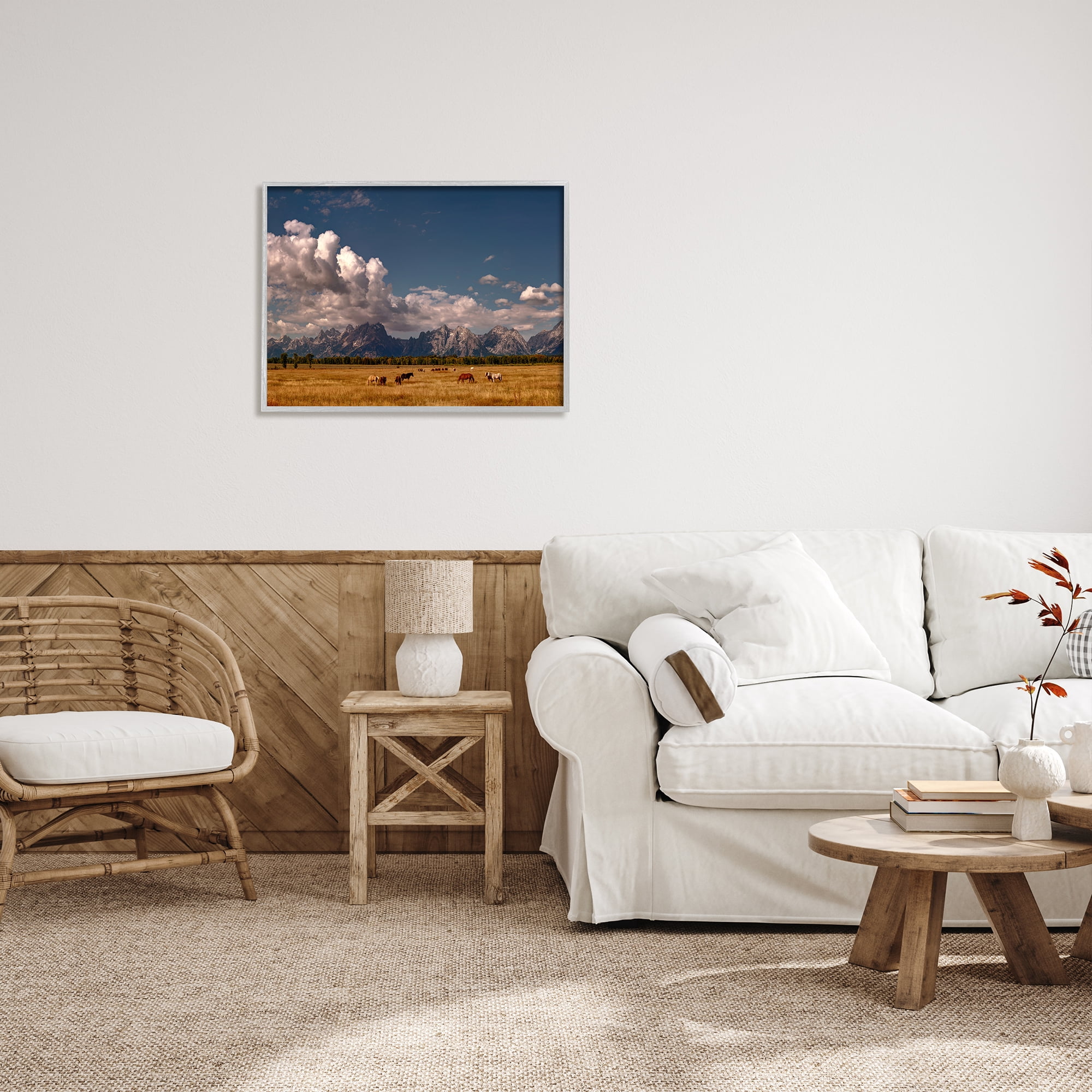 Stupell Industries Horses Grazing Mountain View Nature Photography Gray Framed Art Print Wall Art, 30 x 24