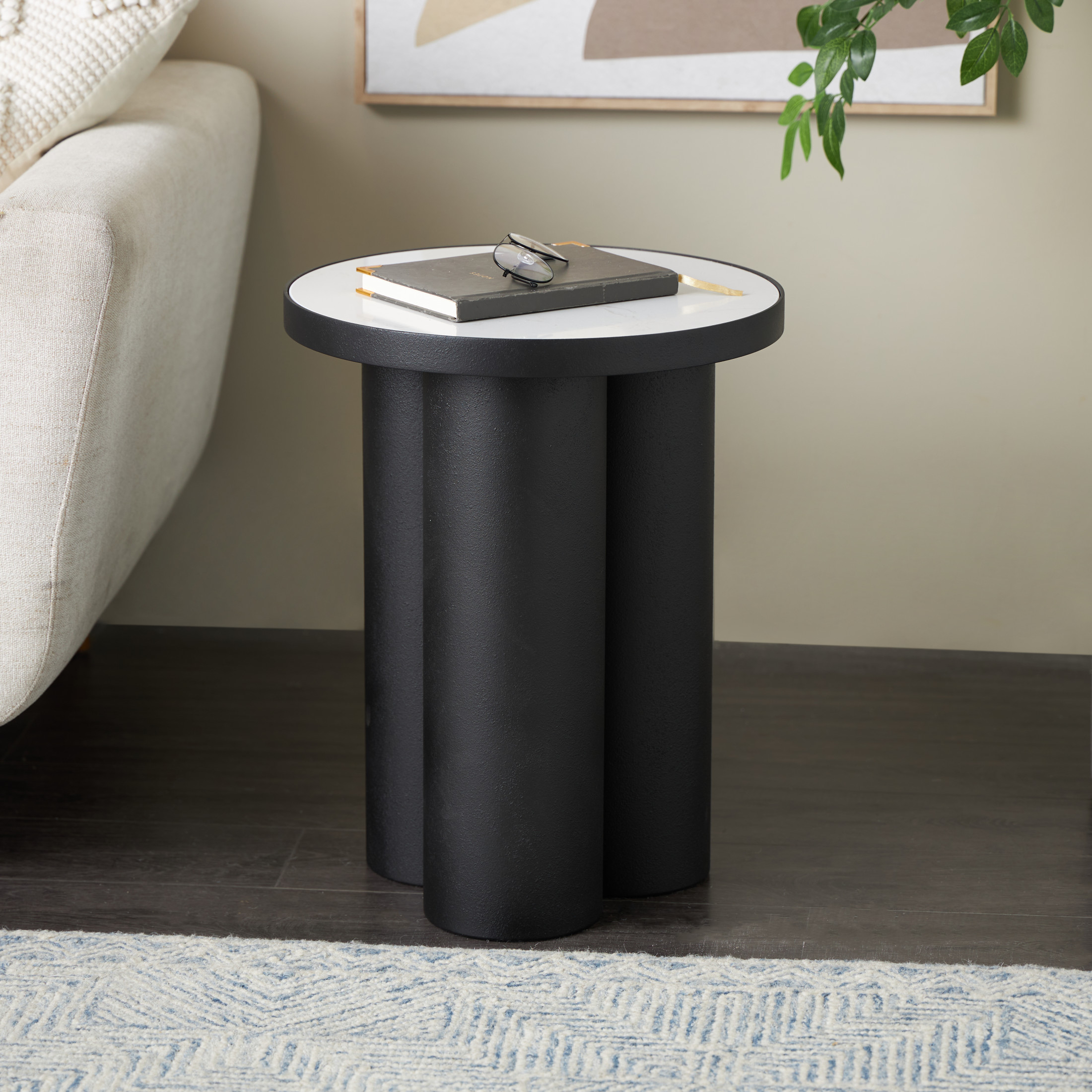 DecMode 16" x 20" Black Metal Accent Table with White Marble Tabletop, 1-Piece