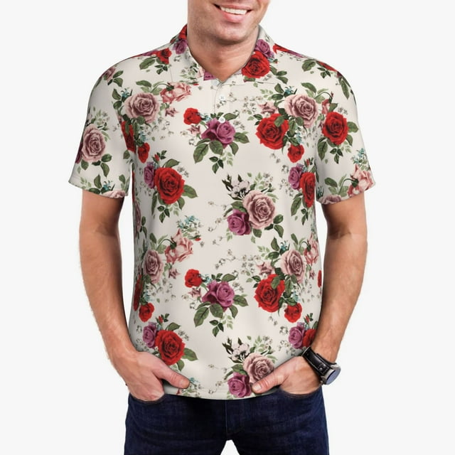 Balery Rose Flowers Camisa Polo de Hombre con Estampado, de Manga Corta y Tejido Medio, Camisa Tipo Golf Polo-Large