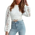 thumbnail image 2 of Womens Shirt Office See Through Mesh Basic Long Sleeve Blouse Elegant Lace Floral Lace Loose Pullover Tops Blouse, 2 of 9