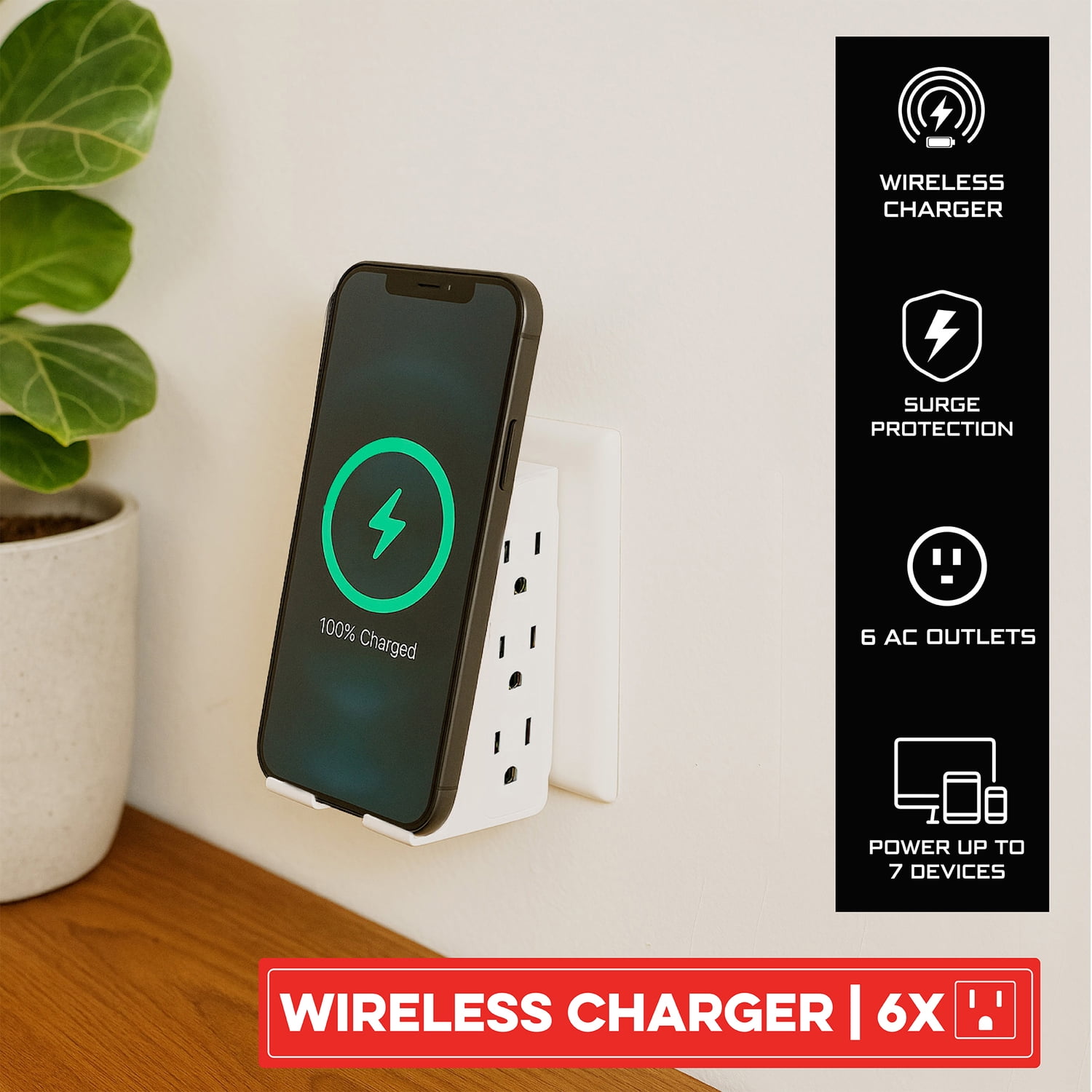 RAYOVAC 6-AC Outlet 540-Joules Surge Protector Wall Tap with Wireless Charging Phone Holder, SS-Q615