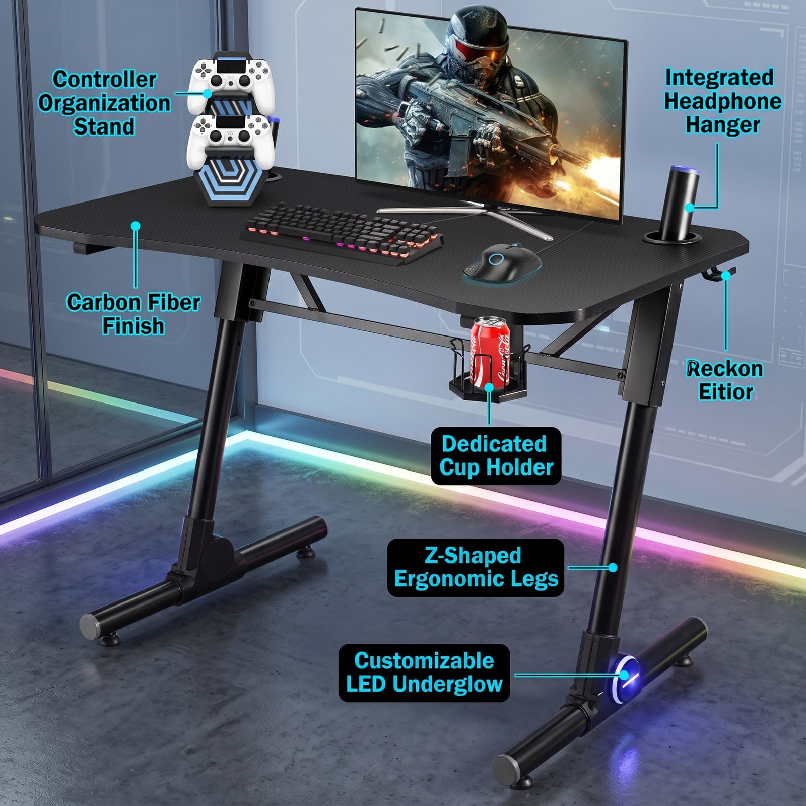 Furnibear 43.5 Inch Gaming Desk with Blue LED Lights, Height Adjustable Ergonomic Computer Desk with Cup Holder and Headphone Hook, Carbon Fiber Textured PC, Black