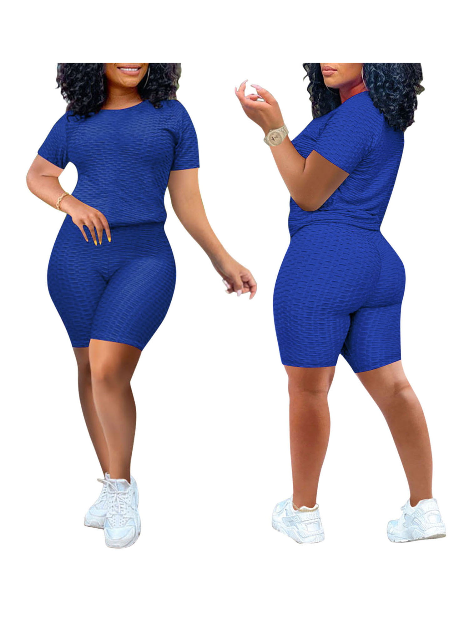 Pudcoco Womens 2 Pcs Yoga Outfits Bubble Textured Tracksuit Short Sleeve  T-Shirt High Waist Hip Lifting Anti Cellulite Legging 