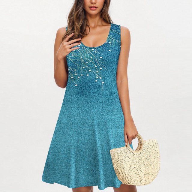 Ovzne Robes pour Femmes 2025 Robe de Plage Tendance Décontractée Imprimée avec Poches Sans Manches Col de Jardin Robe Imprimée en Solde