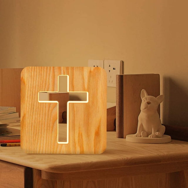 Lámpara de madera con cruz de Jesús, novedad, luz nocturna, lámpara de ilusión 3D para niños, lámpara de decoración para niños, alimentación USB, decoración de dormitorio, Navidad, vacaciones, regalo JAMW Sencillez