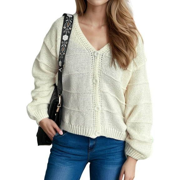 Women'S Fall Fashion Button Down Cardigan Sweater Loose Casual Cable Knit Sweater Coat White M