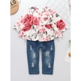 thumbnail image 3 of NZRVAWS Baby Girls Outfits Rose Print Long Sleeve Round Neck Top+Ripped Jeans Pants 2PCS Clothes Set 9-12 Months,Pink, 3 of 7