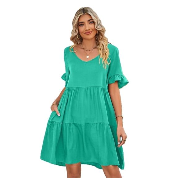 Women's Mandy V Neck Flounce Sleeve Tiered Dress Knee Length Elegant Chic Choice for Any Daytime Occasion 100% rayon