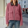 thumbnail image 6 of Smsaxvxz Womens Cropped Jacket Casual Corduroy Collar Barn Coat Lightweight Utility Zip Up Baseball Jacket with Pockets Watermelon Red XS, 6 of 10