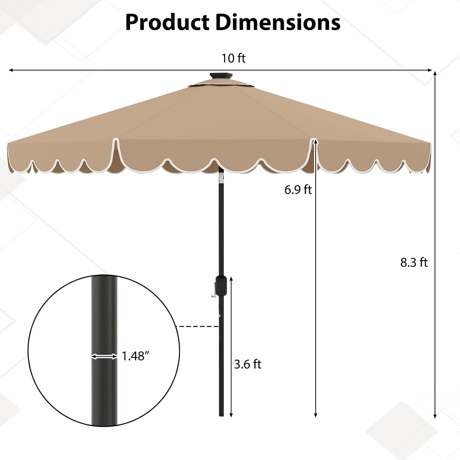 ZYPPP 10FT Solar LED Patio Umbrella, 2-Tiers Scalloped Outdoor Table Market Umbrella with 24 LED Lights, Vented Top, Tilt Adjustment, Crank, 8 Ribs for Backyard Poolside Deck Beach Lawn (Coffee)