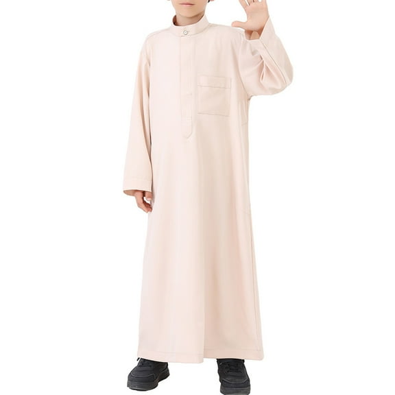 EnJoCho Boys Arab Robe Kids Musli𝗆 Thobe Ramadan 𝖨slamic Clothing Ethnic Trim Stand Collar Long Sleeve Baggy Kaftan Pocket