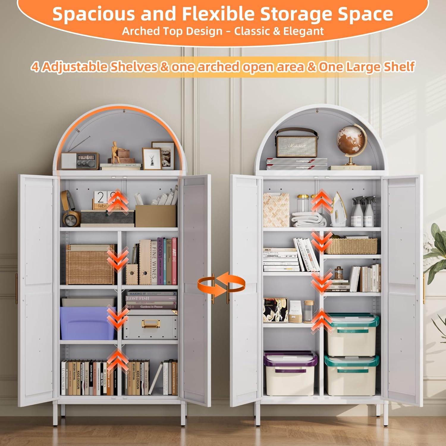 Metal Arched Kitchen Pantry Cabinet with 4 Adjustable Shelves, Farmhouse Arched Cabinet with 2 Doors for Kitchen,Bedroom,Living Room,White, Assemble Required,13.8" D x 27.6" W x 66.9" H