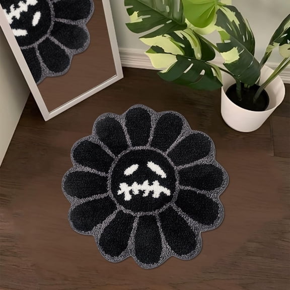 MORAVE Black 2ft Trippy Happy Face Bath Rug, Tufted Quick-Dry Water Absorbent Non-Slip Mat, Halloween Gothic Ghost Skull Horror Decor for Bathroom