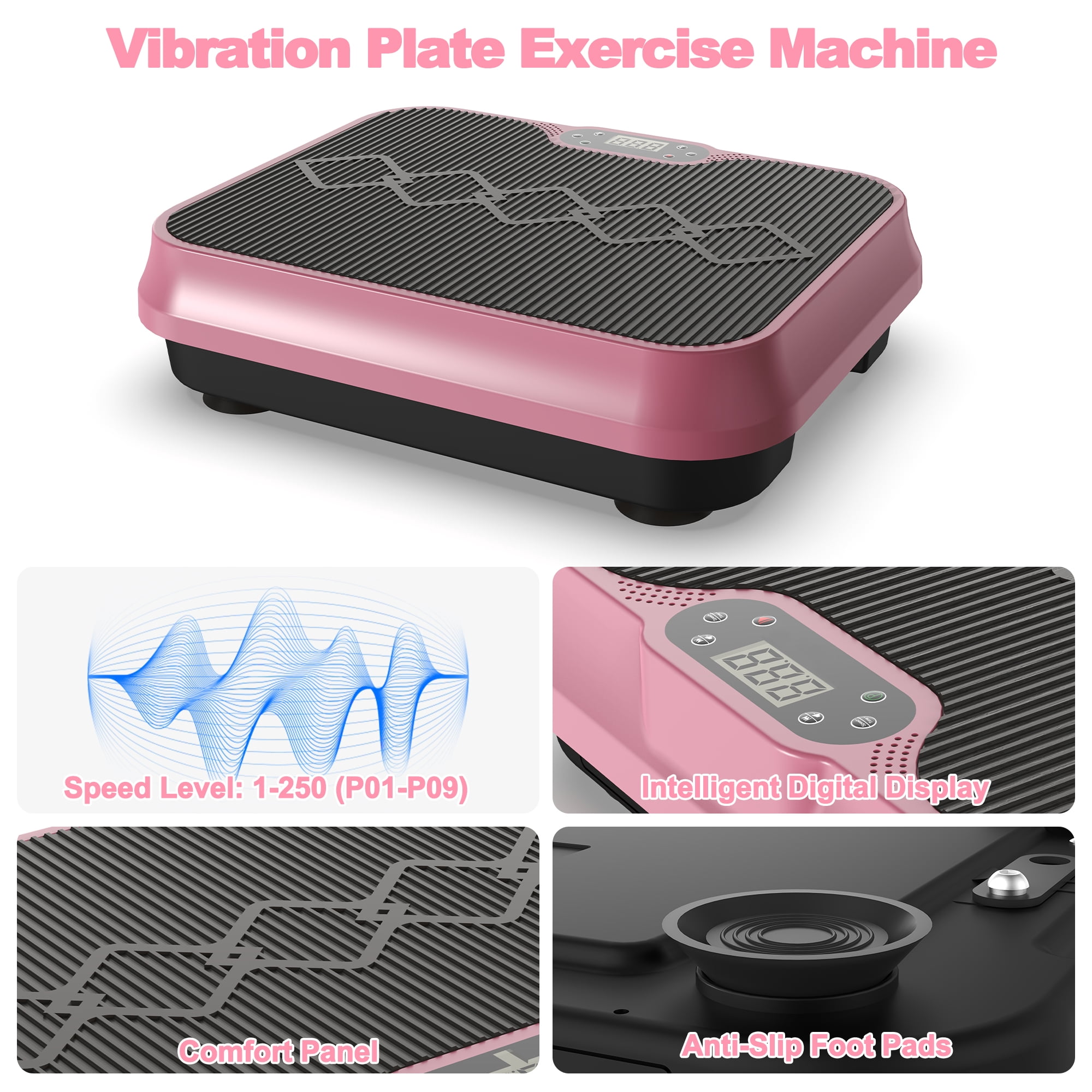 Vibration Plate Exercise Machine for Body Workout, Vibrating Fitness Platform with Remote Control & Resistance Bands, Compact Gym Vibration Trainer for Weight Loss, Muscle Toning, Home Office, Pink
