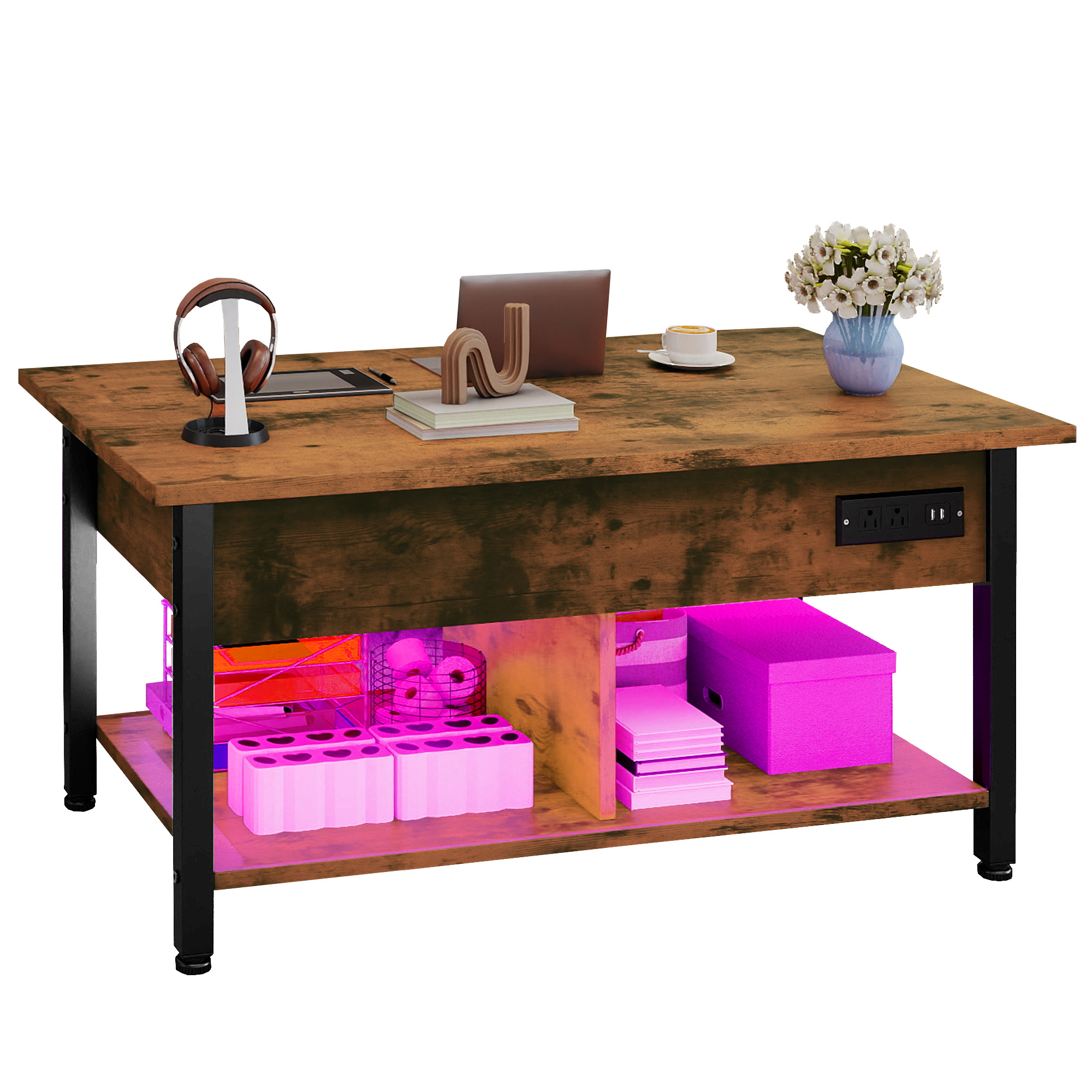 Uforic 3-in-1 Lift-Top Coffee Table with Storage, LED Lights & Power Hub for Living Room/Home Office, Brown