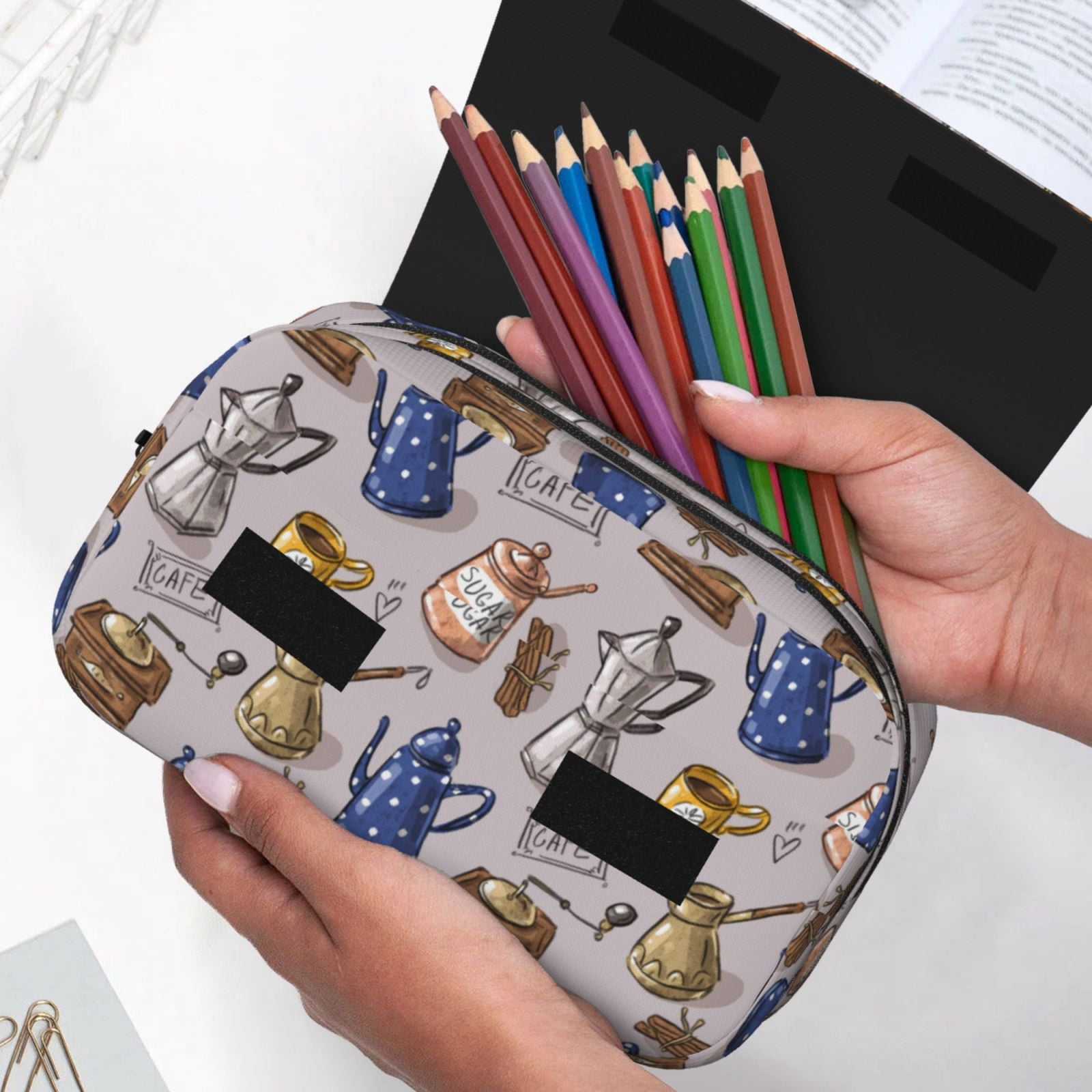 Rateoe Antique Vintage Teapot Coffee Grinder Pattern Double Clamshell Pen Case, Storage Organizer with Two Zipper Compartments– Holds Up to 50 Pencils & Pens