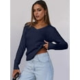 thumbnail image 4 of Women Long Sleeve Cable Knit Sweater Fall Fashion V Neck Fitted Pullover Business Casual Fall Outfits Navy Blue L, 4 of 9