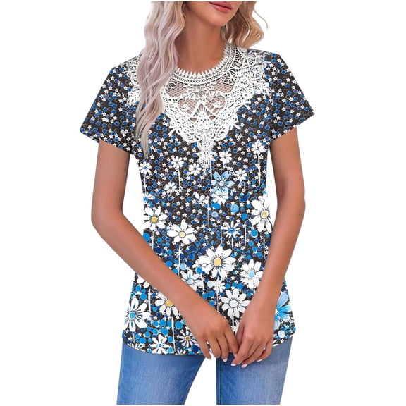 Cilsoka Fashion Clothing for Women Lace V Neck Summer Tops Floral Print Blouses Shirts Short Sleeve Dressy Casual Tunic Trendy Ladies Clothes 2026
