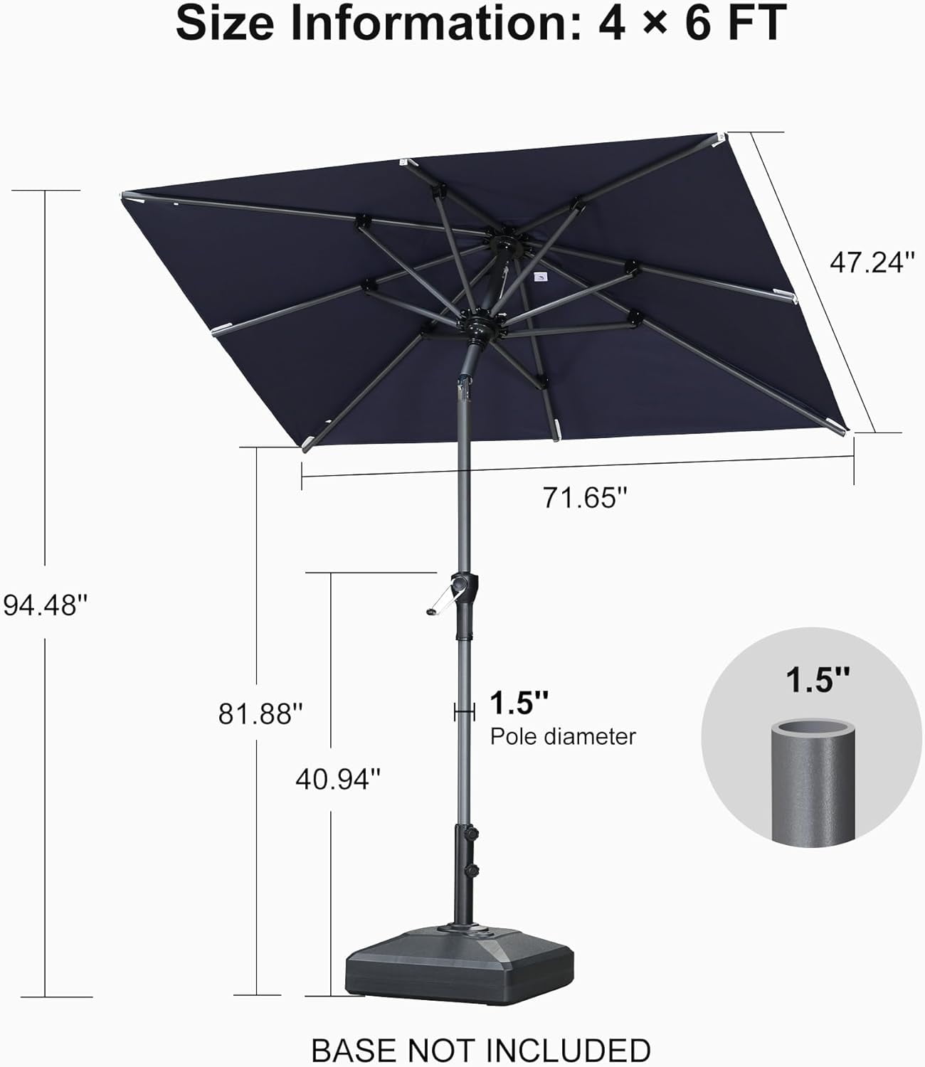 PURPLE LEAF 6' x 4' Rectangular Outdoor Table Umbrella with Crank and Tilt, Aluminum Frame Patio Market Sun Umbrella, 8 Sturdy Ribs, Navy Blue
