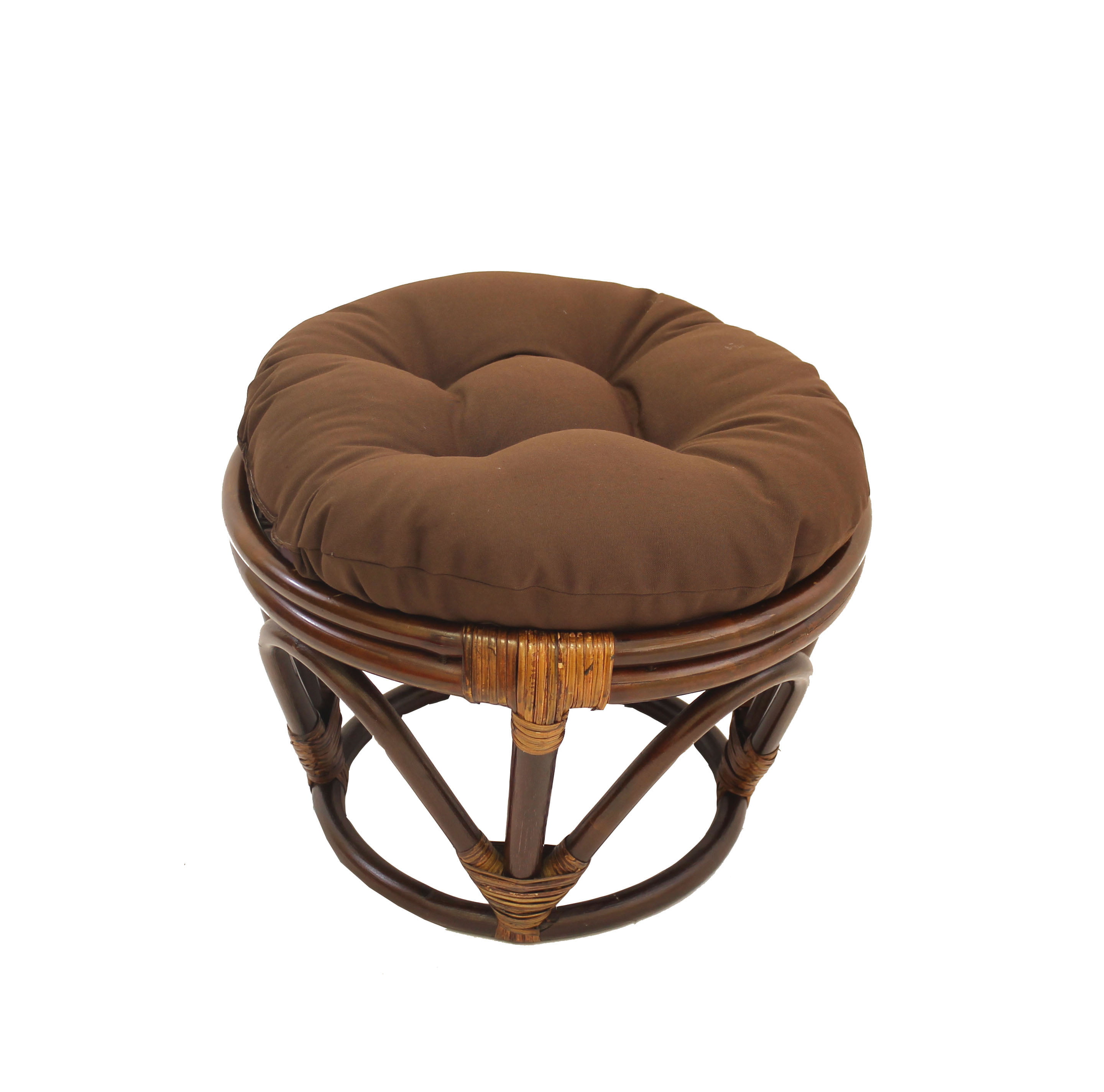 MISC 18 Inch Chocolate Brown Papasan Foot Stool Coastal Rattan Ottoman Round Microsuede Bohemian Frame with Padded Cushion Tufted Thick Pad 