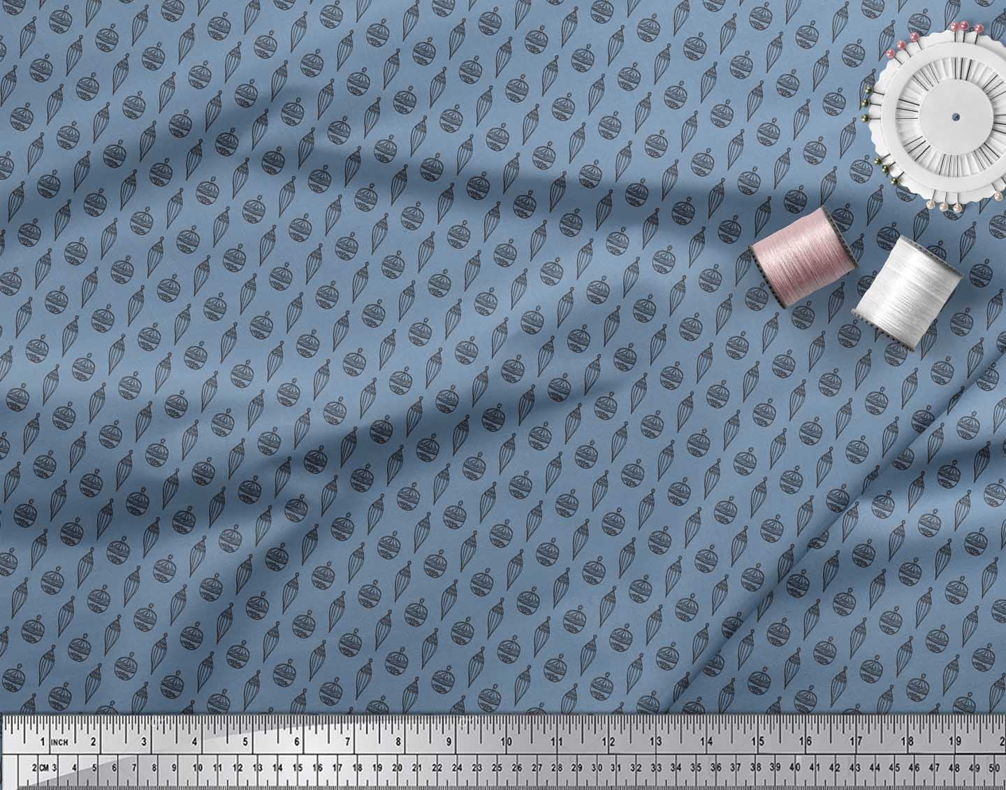 Soimoi Blue Rayon Crepe Fabric Ornament Christmas Print Fabric by the Yard 46 Inch Wide